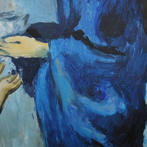 May include: A painting of a hand reaching out to another hand, the hand on the left is reaching up towards the hand on the right. The hand on the right is wearing a blue robe. The background is a light blue.
