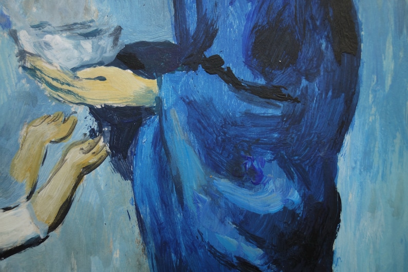 May include: A painting of a hand reaching out to another hand, the hand on the left is reaching up towards the hand on the right. The hand on the right is wearing a blue robe. The background is a light blue.