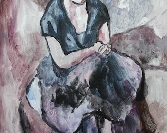 May include: A watercolor painting of a woman sitting with her legs crossed. She is wearing a dark blue dress and has short dark hair. The background is a light gray with hints of purple and brown.