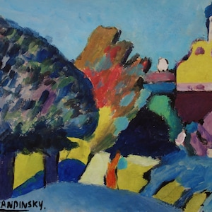 May include: Abstract painting by Wassily Kandinsky featuring a yellow building with a blue spire, a blue sky, and trees in shades of green, blue, and purple. The painting is signed "Kandinsky."
