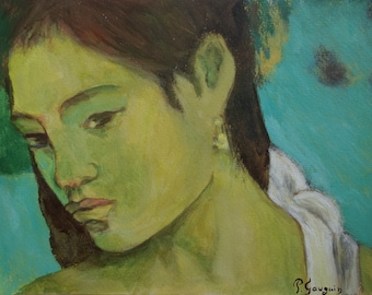 Fino tahitiano único óleo original post impresismo retrato, firmado Paul Gauguin , después de
