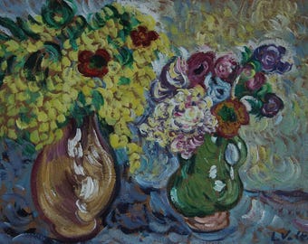 May include: A painting of a still life with two vases of flowers. The vase on the left is brown and holds yellow flowers. The vase on the right is green and holds pink, purple, and orange flowers.