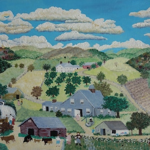 May include: An oil painting depicts a rural landscape with a blue sky filled with puffy white clouds. The scene includes a farmhouse, barn, and other buildings, with figures of people and animals. The painting is signed "Moses" in the lower left corner.