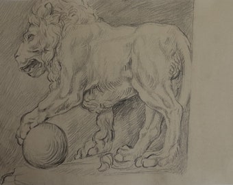 Europäische Alte Meister Zeichnung, Tier - Löwe, Kohle Figur Studie, Fine art