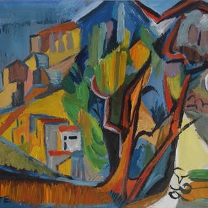 Fine French Cubism Picasso era original nature landscape painting, Signed