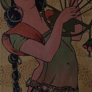 May include: A painting of a woman in a green and red dress holding a large, circular object with a floral design. The background is a light brown with a pattern of small circles.