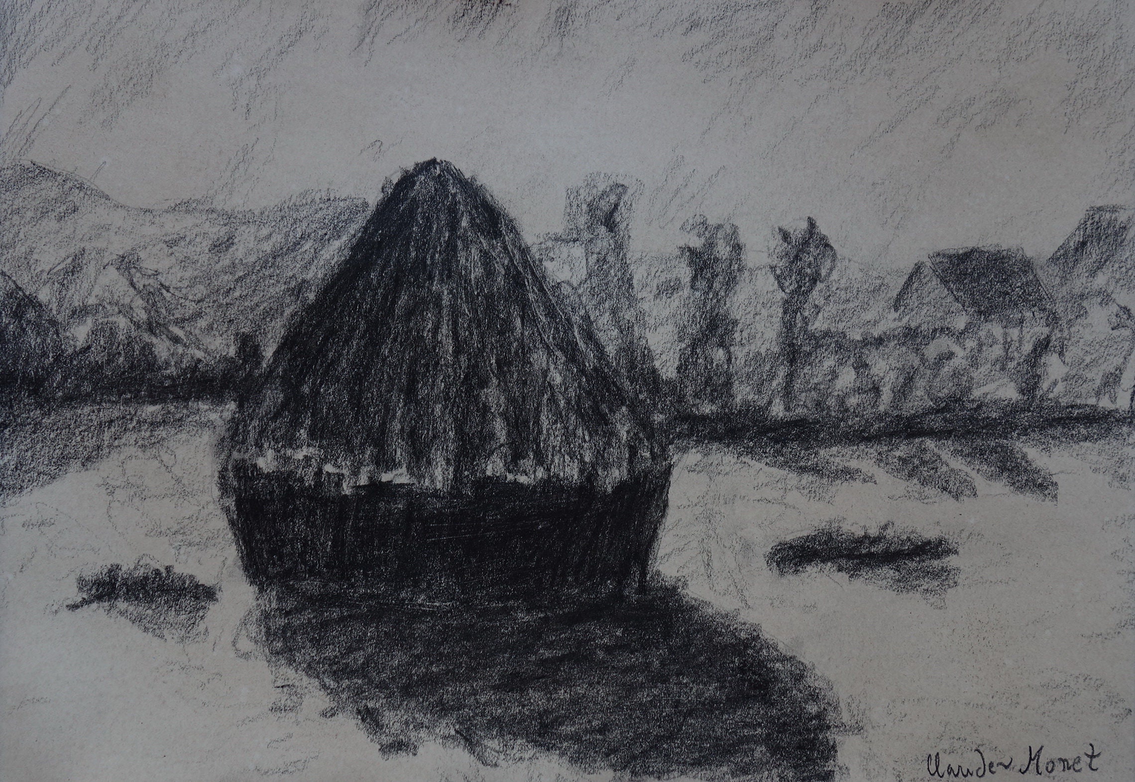 ファンタズマゴリアデッサン Fine Impressionist Charcoal Drawing - Haystacks, Marked & Signed
