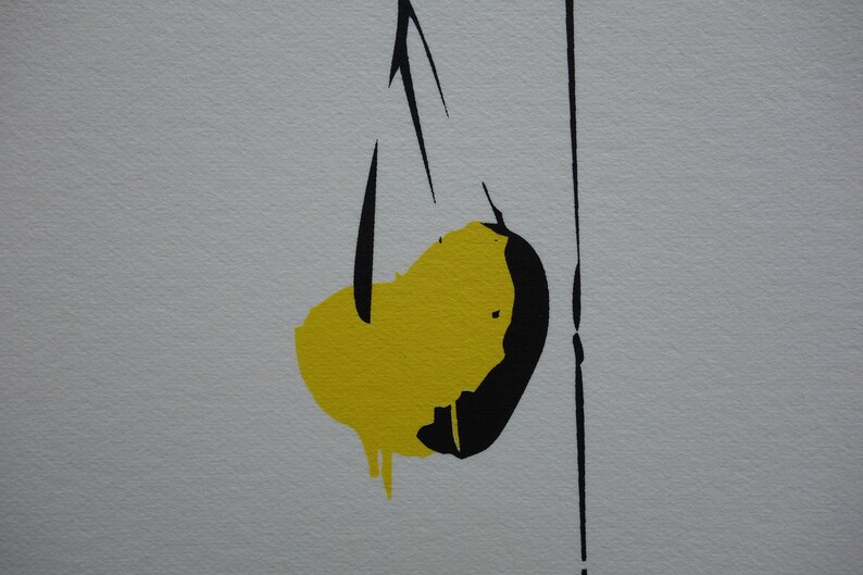 May include: Abstract art print featuring a yellow and black shape with a thin black line extending from the top.