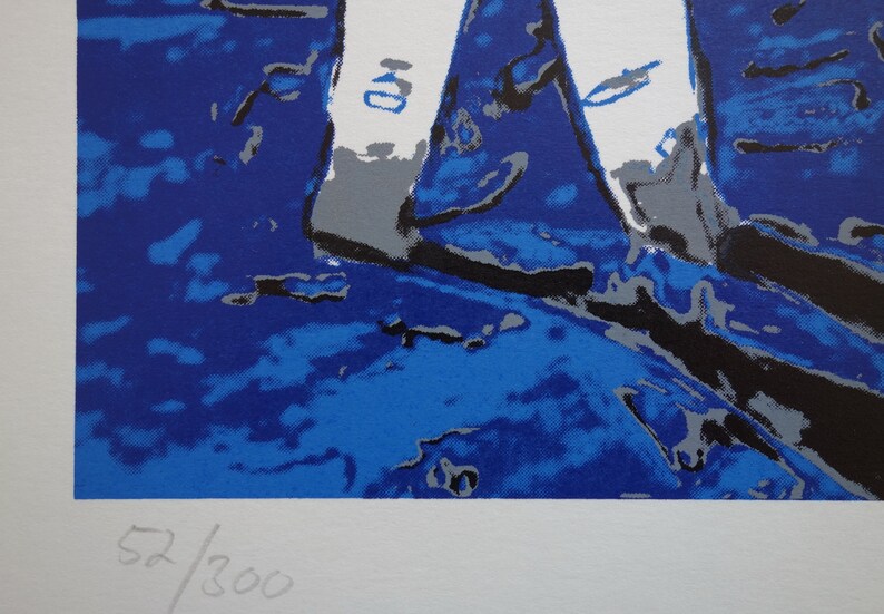 May include: A blue and white abstract print with a gray and black design. The print is numbered 52/300.