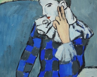 美術品、希少なキュビズム絵画 - 肖像画、青の時代、署名入り、パブロ