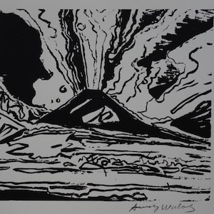 May include: Black and white abstract print of a volcano erupting with a swirling, smoky design. The print is signed "Annegret Wilke".
