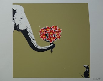 Elefante Pop Art Graffiti in edizione limitata serigrafata con fiori, firmata, timbrata e numerata, Banksy