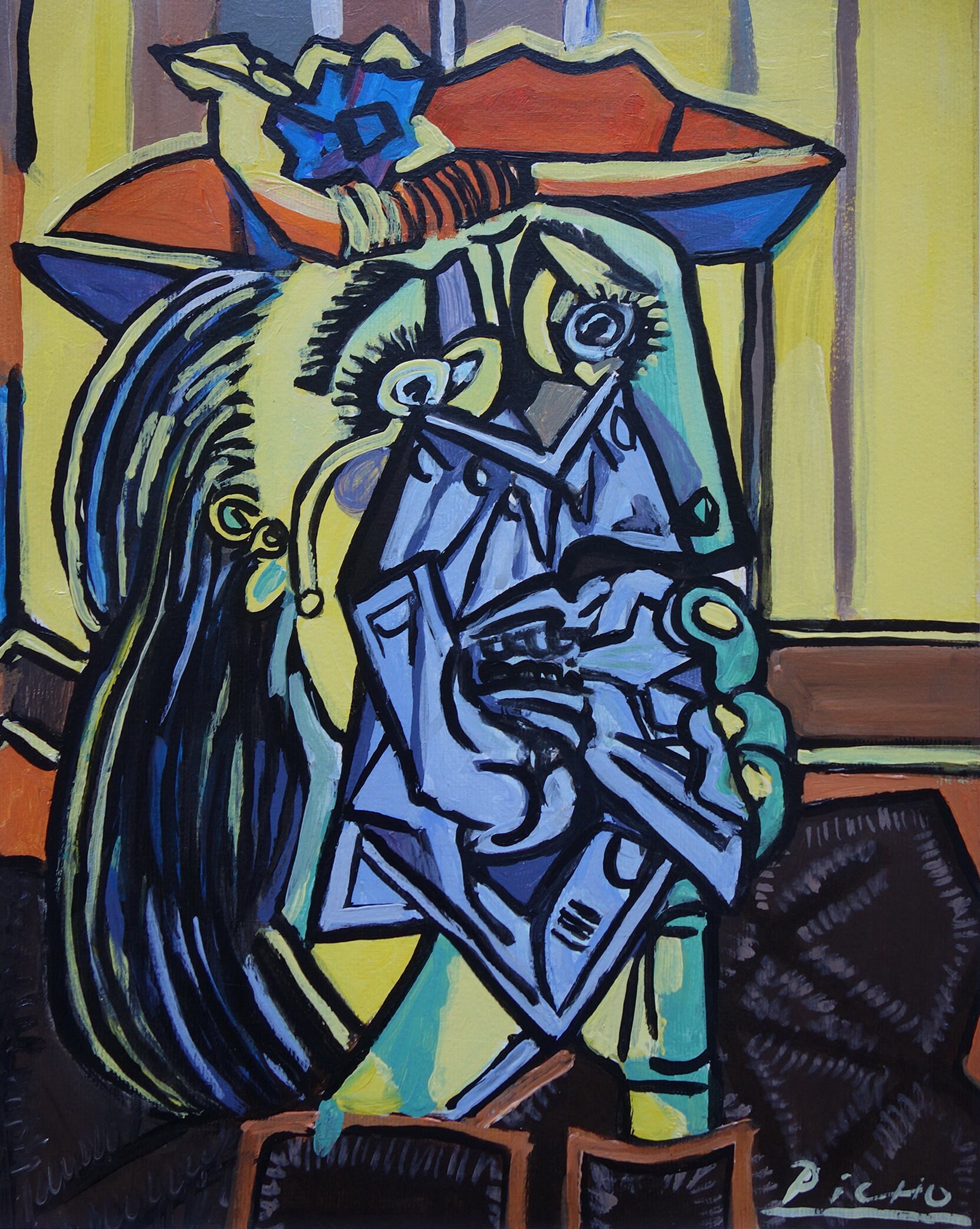 Very Rare Art - Unique Cubist Oil Portrait Painting, Signed