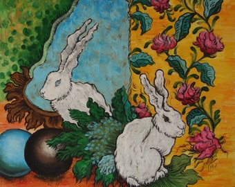 May include: A painting of two white rabbits in a colorful landscape. The rabbits are in the foreground, with a blue and green background behind them. The background also features flowers and leaves in shades of pink, yellow, and green.