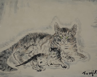 May include: A black and white ink painting of a mother cat and her kitten. The mother cat is lying down with her head resting on her paws. The kitten is lying next to her, looking up at the viewer. The painting is signed "Fujita" in the lower right corner.