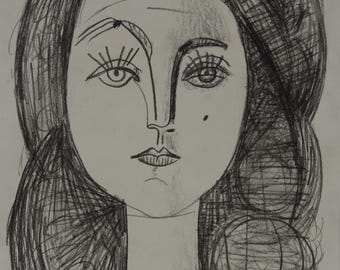 Estudio de retrato, dibujo al carboncillo, muy raro y único, de la época cubista de Picasso, firmado.