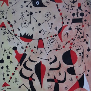 Fine art, Rare Surrealism painting – Characters, signed, Joan Miro