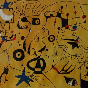 Fine art, Rare Surrealism painting – Characters, signed, Joan Miro