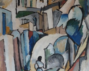 May include: Abstract painting of a village scene with houses, trees, and figures in shades of blue, green, brown, and white. The painting has a textured surface and is signed "Alley Jones" in the lower right corner.