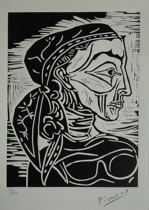 Picassoピカソ 版画リノリュウムカット 首飾りの婦人 1962年