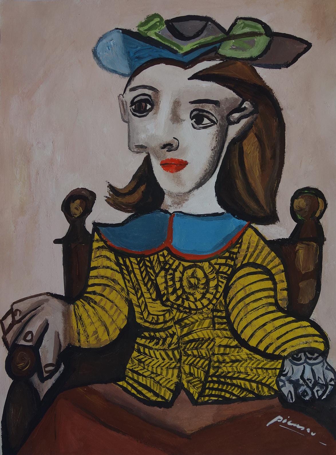 Very Rare Art - Unique Cubist Oil Portrait Painting, Signed