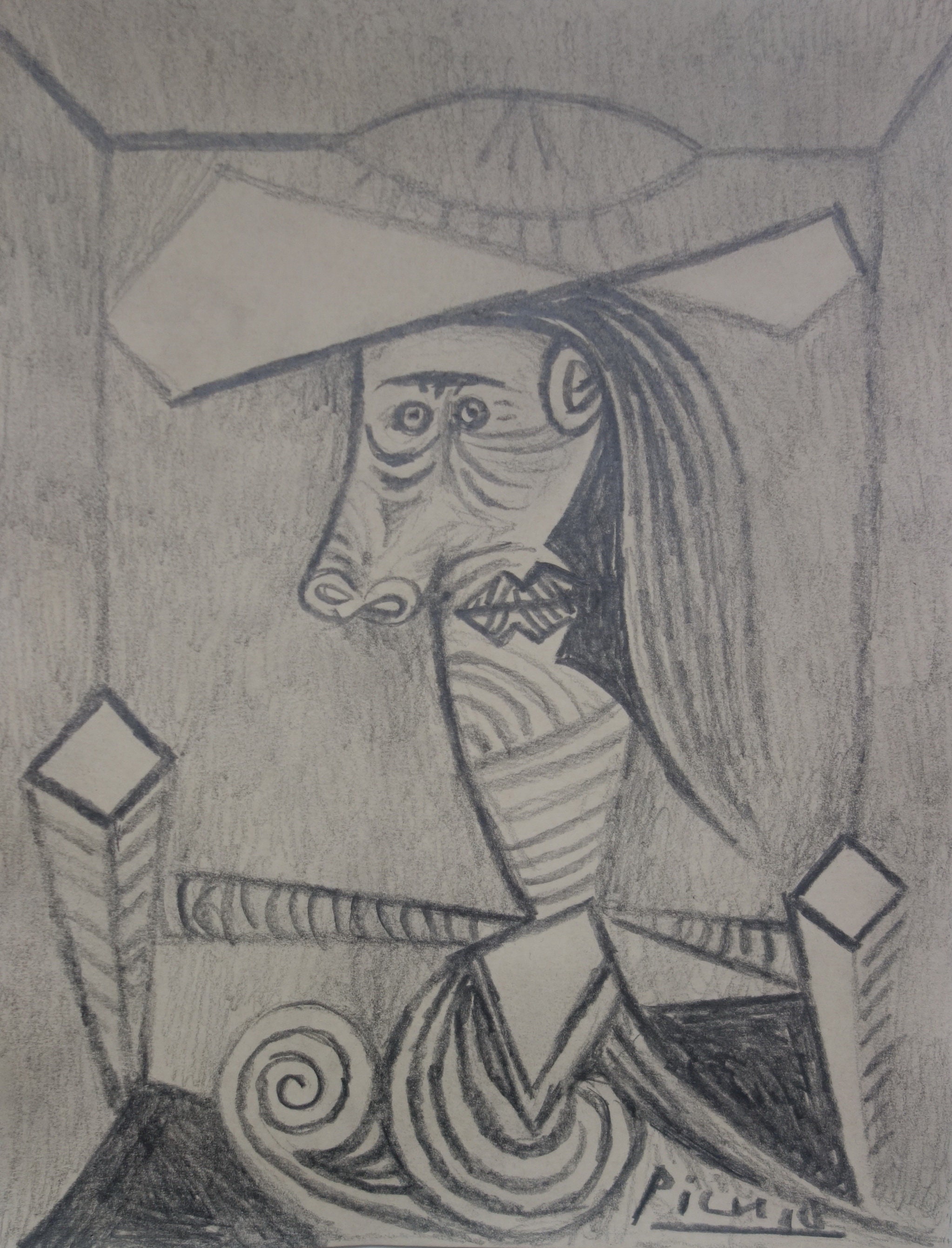 Very Rare Unique Cubist Picasso Era, Portrait Study, Charcoal