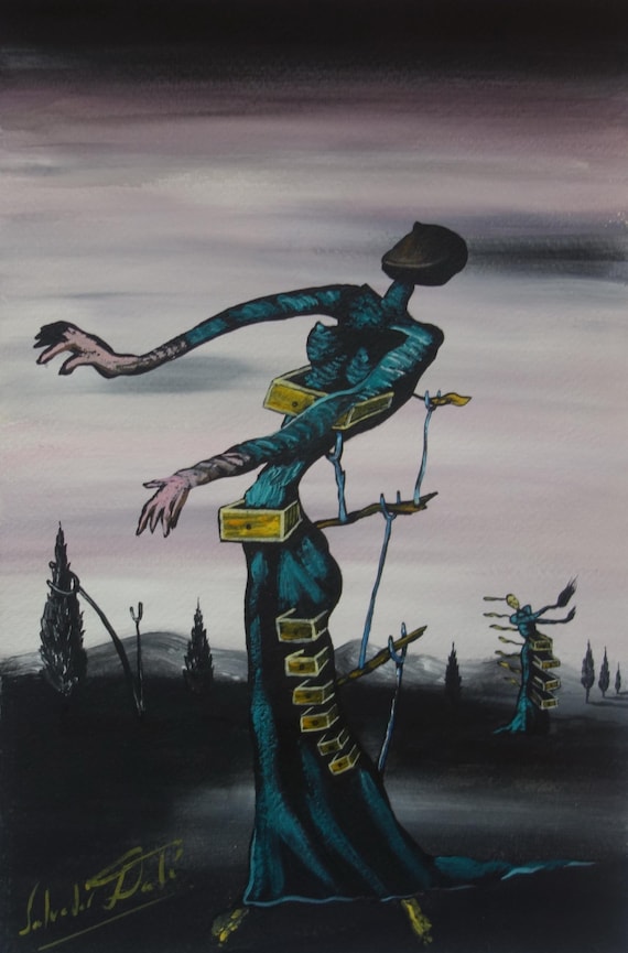 Fine Art, Rare Surrealism Painting – Figure With Drawers, Signed