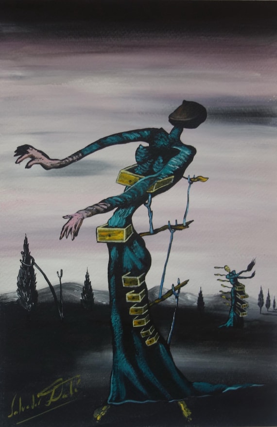 Fine Art, Rare Surrealism Painting – Figure With Drawers, Signed