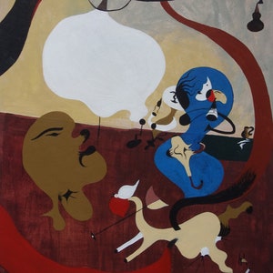 Fine art, Rare Surrealism painting – Characters, signed, Joan Miro