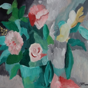 Fine early Expressionist, original gouache flowers painting, Modigliani, Lautrec era, Signed