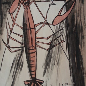 Fine Abstract Expressionist Unique Painting - Lobster, Marked & Signed, Bernard Buffet , Rare find, Contemporary art