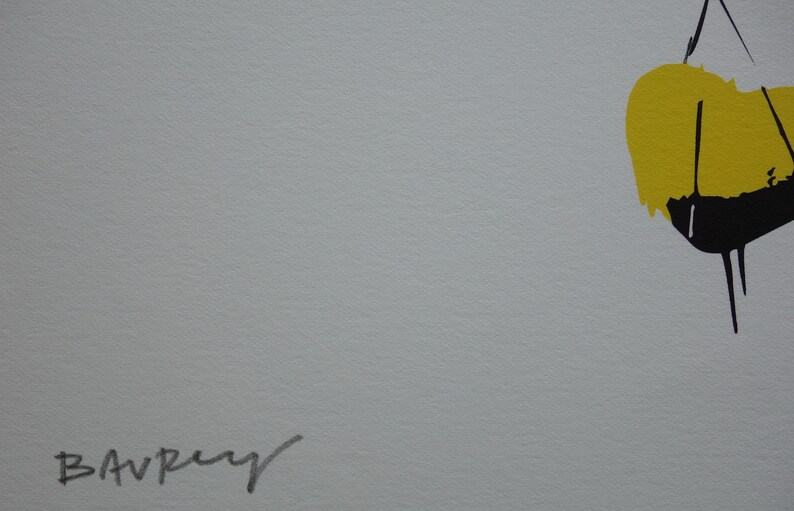 May include: Black and yellow abstract art print with the artist's signature "Bavrey" in the bottom left corner.