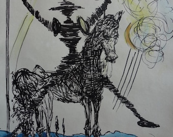 Acuarela surrealista, Caballo, Marcada, Firmada, Salvador Dalí