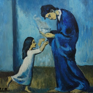 Fine French Cubism Picasso Blue Period era portrait painting, Maternity, Signed