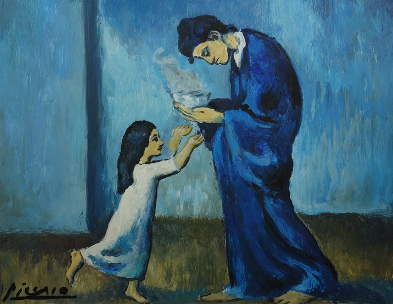 May include: A painting of two figures in a blue room. A woman in a blue robe holds a white bowl, while a young girl in a white dress reaches out to receive it. The painting is done in a stylized, almost abstract style, with bold brushstrokes and a limited color palette.