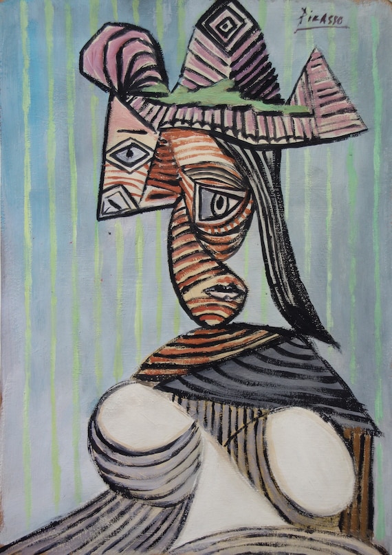非常に珍しい芸術品 - ユニークなキュビズムの油絵肖像画、パブロ