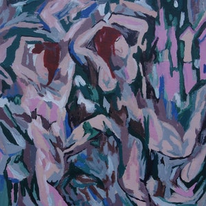 May include: Abstract painting depicting two figures against a swirling, colourful background. The figures are painted in shades of pink, white, and red, while the background is a mix of blues, greens, and greys.