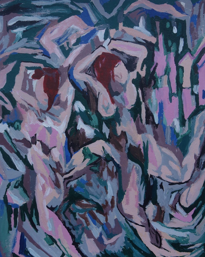 May include: Abstract painting depicting two figures against a swirling, colourful background. The figures are painted in shades of pink, white, and red, while the background is a mix of blues, greens, and greys.
