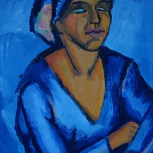 May include: A painting of a person wearing a blue headscarf and a blue shirt. The person is looking to the right and has their arms crossed. The background is a solid blue.