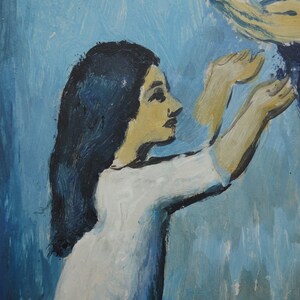 May include: A painting of a young girl with long dark hair wearing a white dress, reaching up with her hands towards a figure above her. The background is a blue wash.