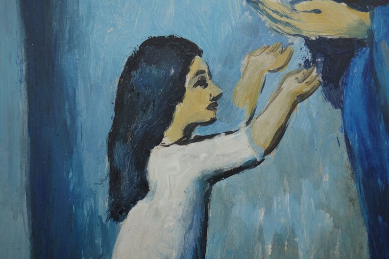 May include: A painting of a young girl with long dark hair wearing a white dress, reaching up with her hands towards a figure above her. The background is a blue wash.