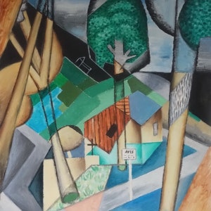 Fine French Cubism Picasso era original nature landscape painting, Signed