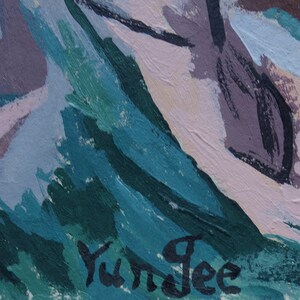 May include: Abstract painting with a green, blue, and pink colour scheme. The artist's signature, "Yu Mee", is visible in the bottom right corner.