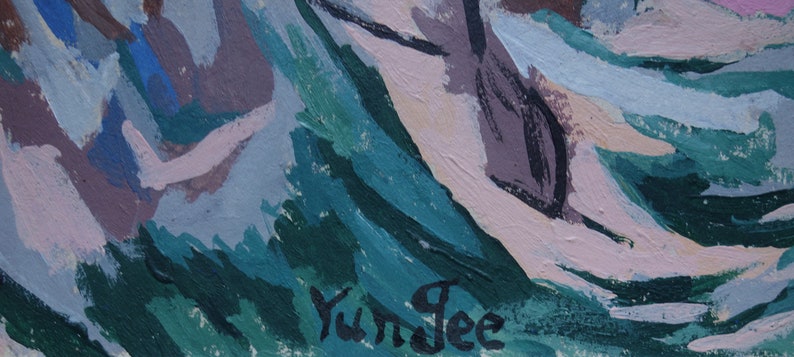 May include: Abstract painting with a green, blue, and pink colour scheme. The artist's signature, "Yu Mee", is visible in the bottom right corner.