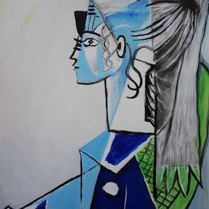 May include: A cubist-style painting depicting a profile portrait of a figure with blue skin, dark hair pulled back, and a blue garment. The artwork features bold black outlines, geometric shapes, and a green patterned section, with the signature Picasso.