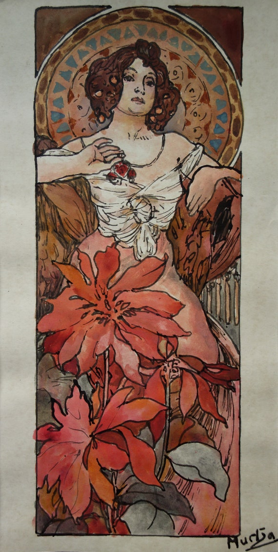 一番人気物 Fine Art, Rare Art Noveau Painting – Woman, Signed, Alphonse 絵画