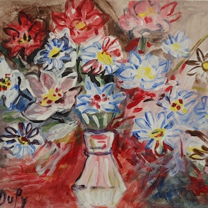 Puede incluir: Pintura a la acuarela de un ramo de flores en un jarrón. Las flores son de color rojo, blanco, azul y amarillo. El jarrón es rosa y blanco, y el fondo es una mezcla de marrón y rojo. La pintura está firmada "Jean Dufy".
