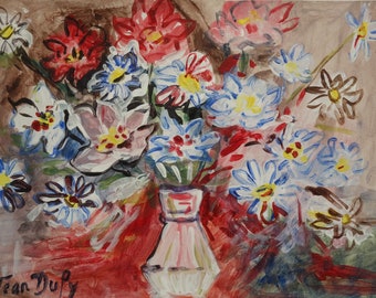 May include: Watercolor painting of a bouquet of flowers in a vase. The flowers are in shades of red, white, blue, and yellow. The vase is pink and white, and the background is a mix of brown and red. The painting is signed "Jean Dufy".