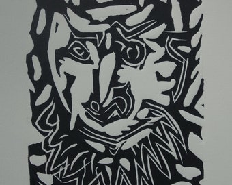 May include: Black and white abstract linocut print of a face by Pablo Picasso. The print is numbered 66/130.