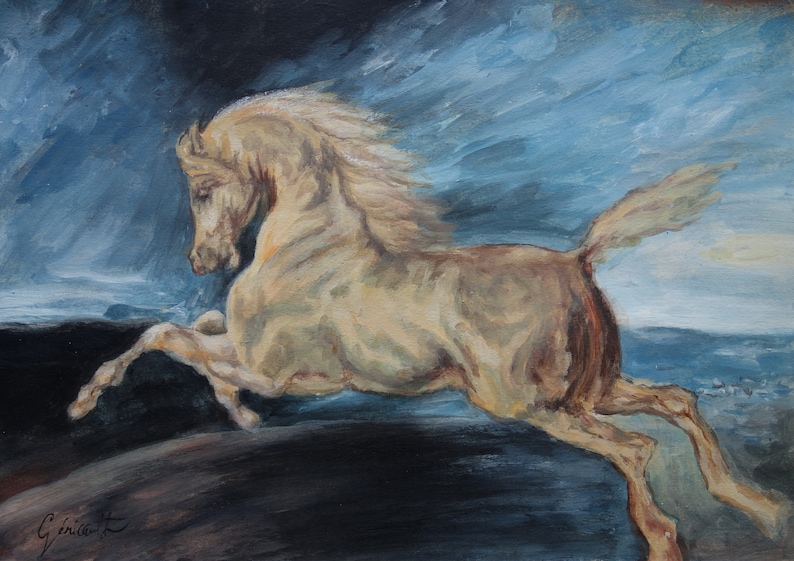 horse Old master Turner Goya era Signed French Romantic school unique gouache and oil painting